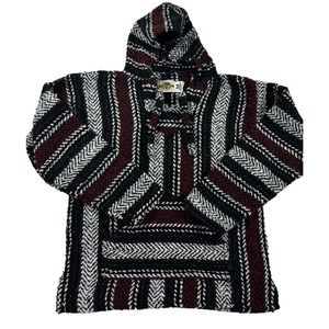 Earth Rags Festival Hoodie Red Black Baja Bohemian Striped Pullover Poncho Med
